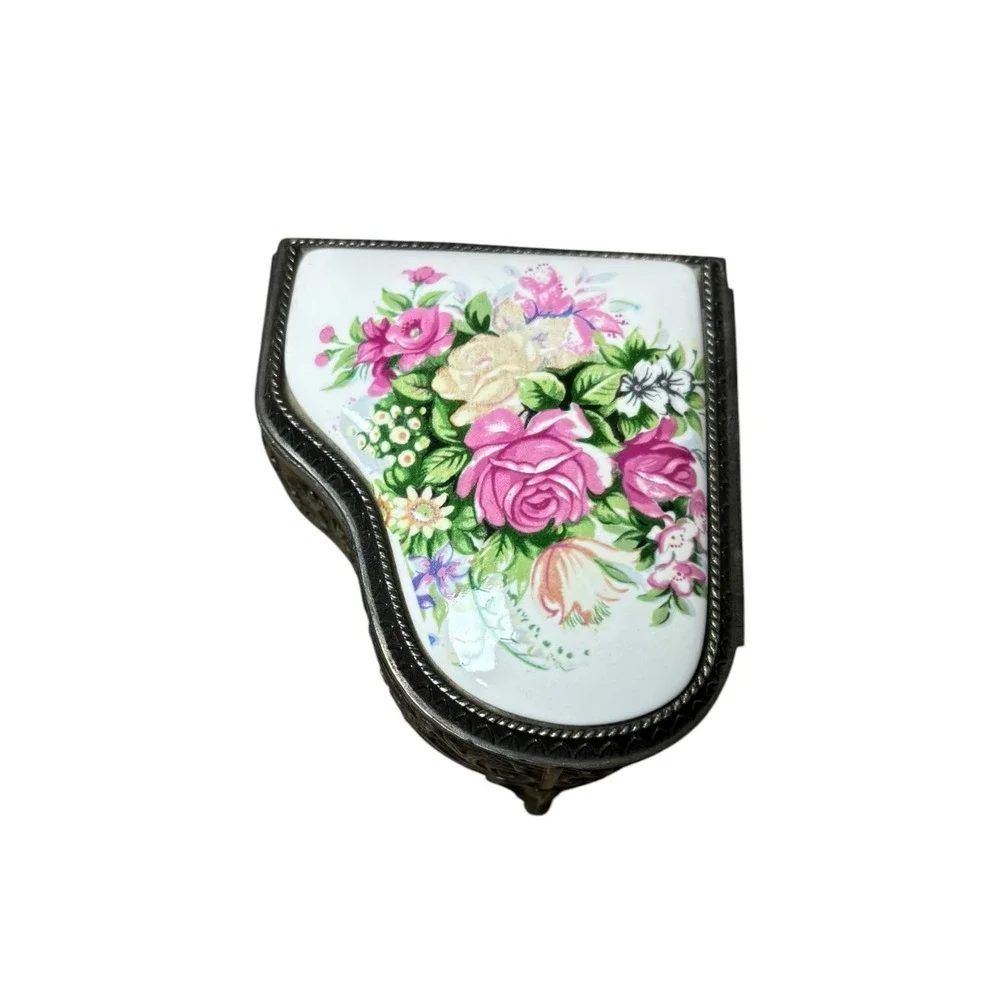 Vintage Grand Piano Music Box Jewelry Trinket Case Floral Porcelain Inlay Silver